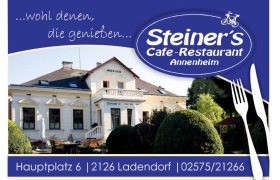 Steiner's - Annenheim Restaurant, © Fam. Steiner-Pohl Werbung für Steiner's Cafe-Restaurant Annenheim mit Bild des Gebäudes und Adresse.