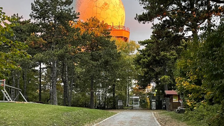 Buschberg, © Buschberghütte Ein Weg führt durch einen Wald zu einer großen, kugelförmigen Struktur, die von der Sonne beleuchtet wird.