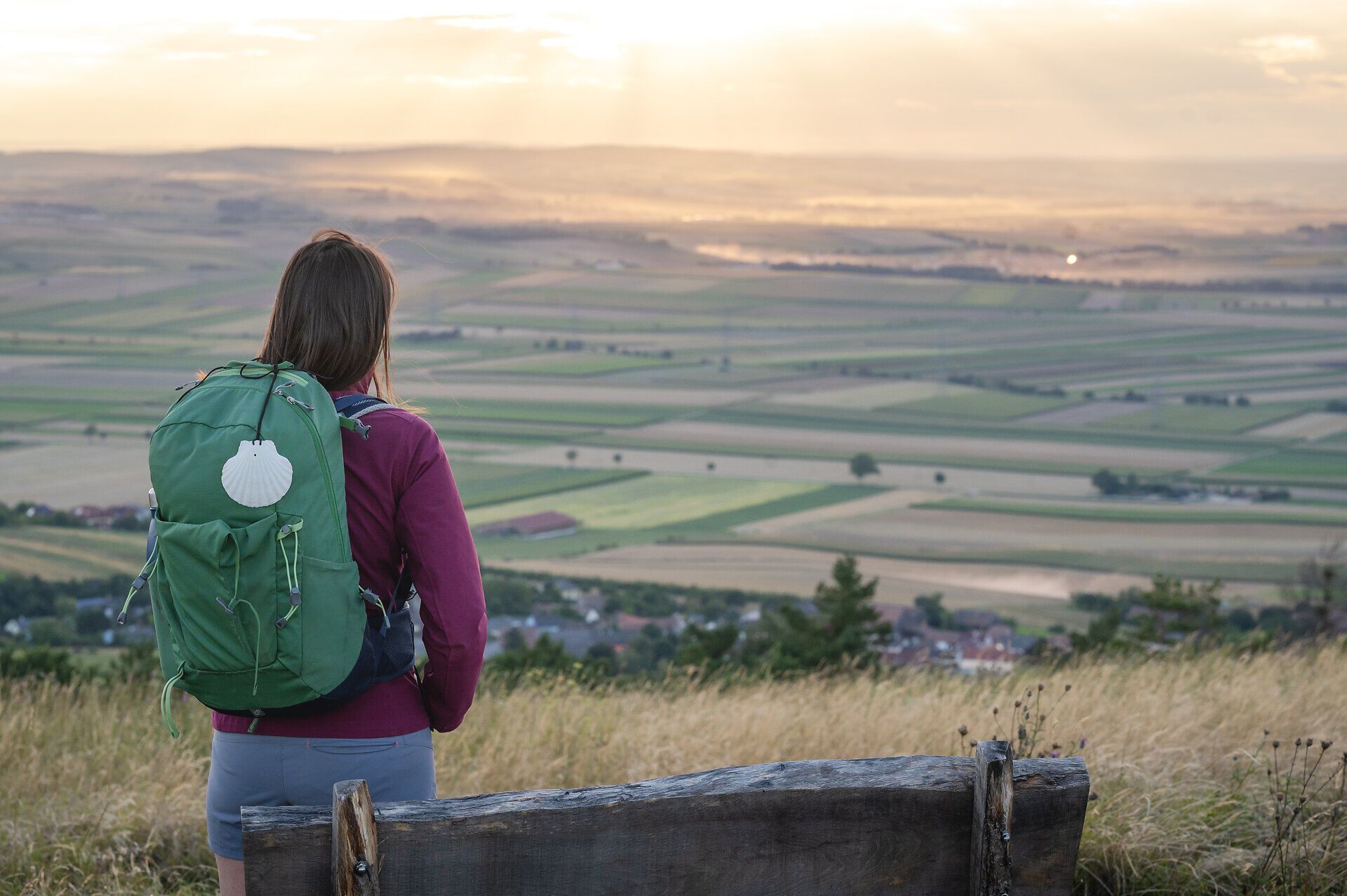 Eine Pilgerwanderin mit Jakobswegmuschel am Rucksack steht vor einer Holzbank und blickt in die sanft-hügelige Landschaft des Weinviertels.