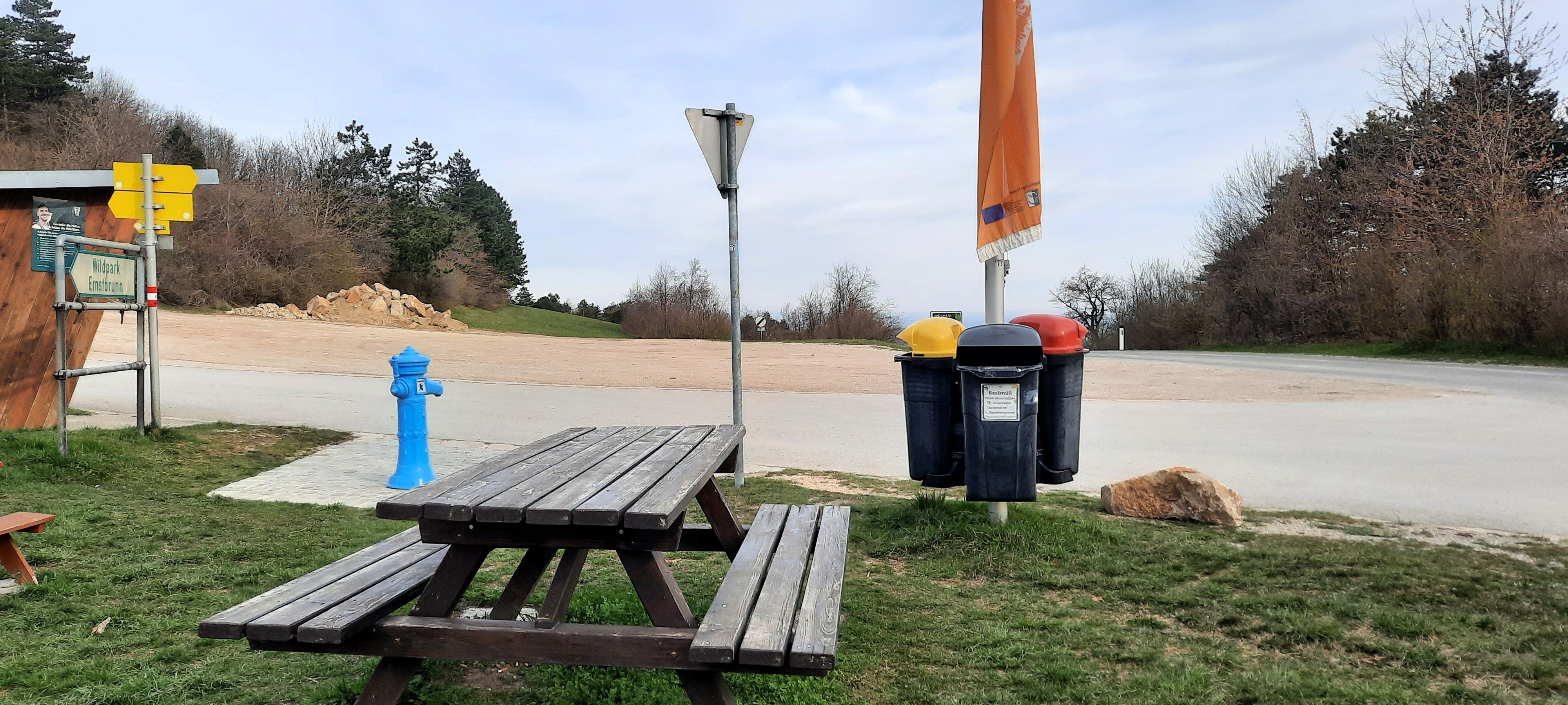Picnic table and garbage can in a parking lot with trees in the background.