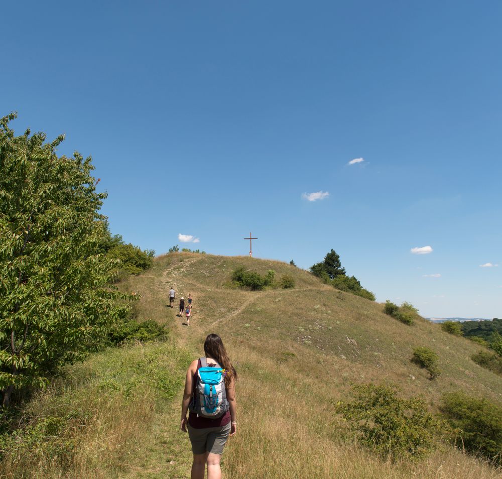 Dame mit Rucksack am Weg zum Gipfelkreuz