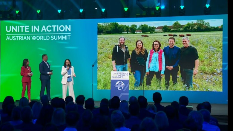 (l.n.r.: Alexandra Maritza Wachter, Matt Iseman, Monika Langthaler- Director Schwarzenegger Climate Initiative, Alexander Ernst- Geschäftsführer Naturpark Leiser Berge, Jennifer Kraus- Green Bridge GmbH, Monika Langthaler, Christoph Mayer – Geschäftsführer MAMUZ, Manuel Denner- Landschaftsplanung), © Jennifer Kraus