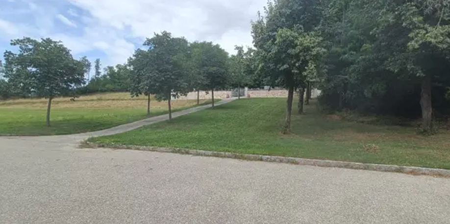 Stellplatz auf geraden Untergrund, vor Ahornbäumen und Steinmauer eines Friedhofs