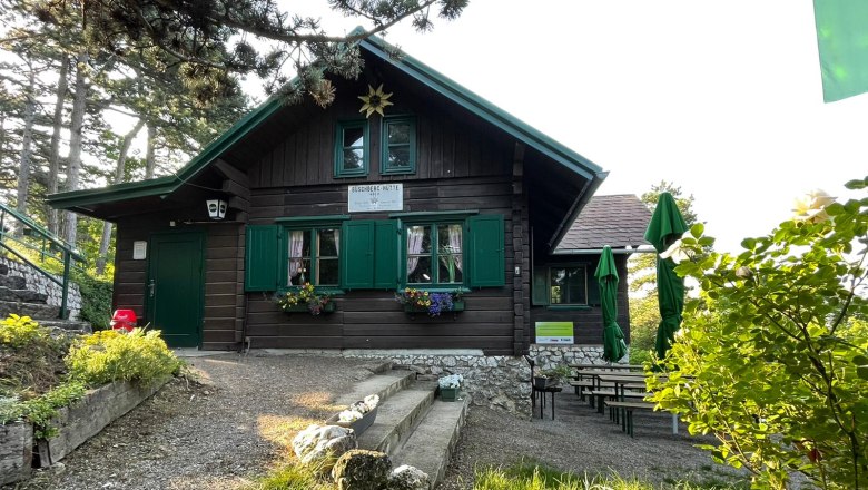 Eine rustikale Holzh&uuml;tte mit gr&uuml;nen Fensterl&auml;den und Blumenk&auml;sten, umgeben von B&auml;umen und Gartenm&ouml;beln.