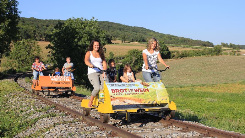 Menschen fahren auf Draisinen durch eine ländliche Landschaft.