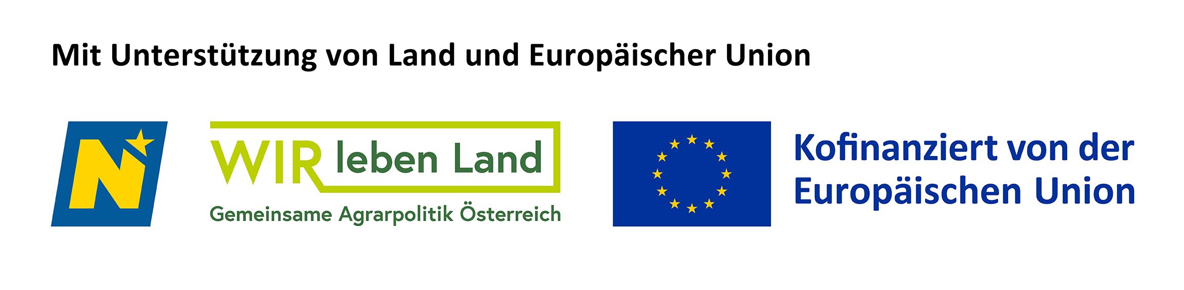Förderleiste mit drei Logos: NÖ Logo, Wir leben Land Logo und EU Logo